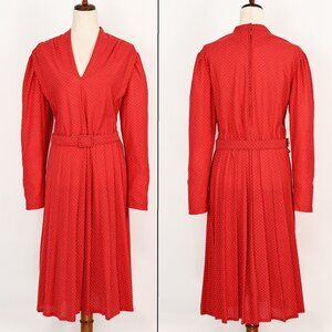 Vintage 80s Red & White Polka-dot JOAN CURTIS Long Sleeve Belted Midi Dress